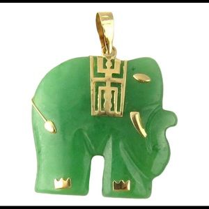 New 14 Karat Yellow Gold and Jade Elephant Pendant